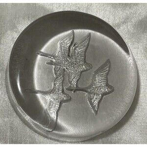 VINTAGE LENOX HEAVY GLASS PAPER WEIGHT ETCHED GEESE Birds 3.5" MCM Office Supply